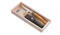 Нож складной филейный в деревянном кейсе и с кожаным чехлом Opinel №10 VRI Folding Slim Olivewood 