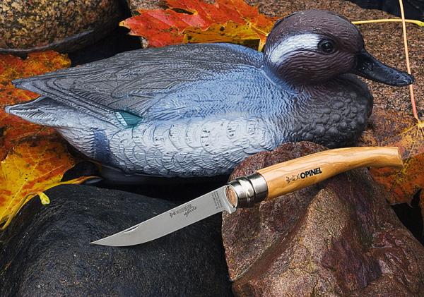 Нож складной филейный в деревянном кейсе и с кожаным чехлом Opinel №10 VRI Folding Slim Olivewood 